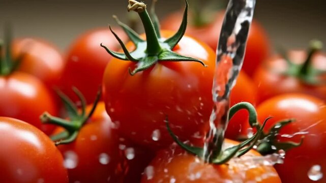 Fresh tomatoes with a splash of water. Filmed on a high-speed camera at 1000 fps. High quality FullHD footage