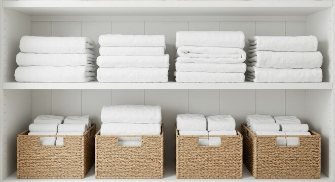 Linen Closet Organization: Neatly Stacked Towels in Baskets - Clean, white towels folded and organized in woven baskets on white shelves, symbolizing cleanliness, order, freshness, relaxation