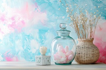 Elegant Still Life with Glass Jar and Dried Flowers on Colorful Background