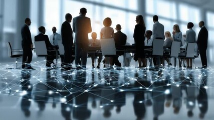 Business Meeting: Silhouette of a group of diverse business professionals gathered around a conference table, with a digital network overlaid on the image. Reflecting modern business and teamwork. - Powered by Adobe