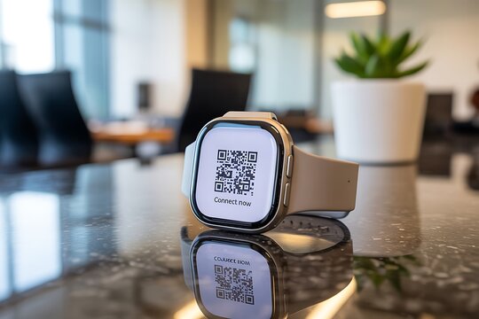 Smartwatch displaying QR code for connection in modern office