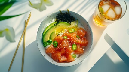 Delicious Salmon Poke Bowl with Avocado and Sesame Seeds