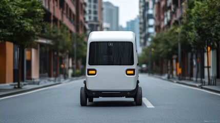 Fototapeta premium A compact, modern autonomous vehicle drives down an empty city street lined with trees and tall buildings.