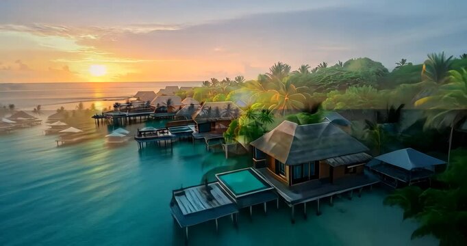 Luxury overwater bungalows at sunset on a tropical island paradise.
