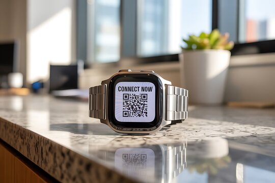 Apple Watch displaying QR code Connect Now digital connection modern technology