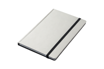 A closed white notebook with a black elastic band securing the cover.