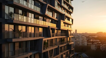 Fototapeta premium A contemporary building's design with balconies reflects the warm glow of the setting sun over the city.