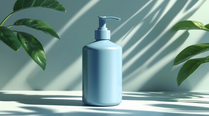 Elegant Blue Pump Bottle with Tropical Leaves and Soft Shadows