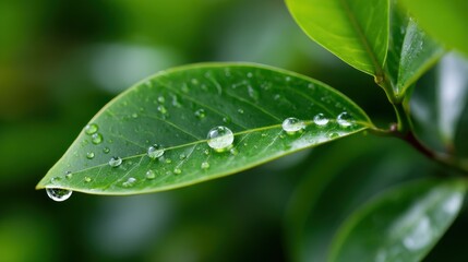 Morning dew on green leaf nature close-up calm environment macro view freshness concept