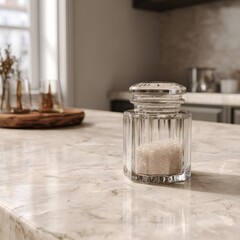 A clear glass jar with a lid sits on a kitchen counter, filled with sugar. Soft light illuminates the scene, creating a calm and serene mood.