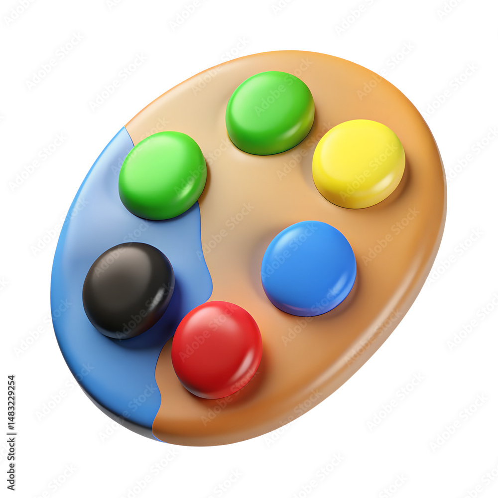 Poster artistic paint palette with vibrant color drops and 3d rendering icon on a white background.