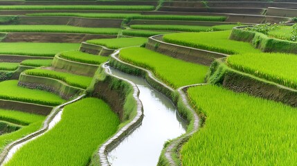 Lush Green Rice Terraces Irrigation Water Path Scenic View