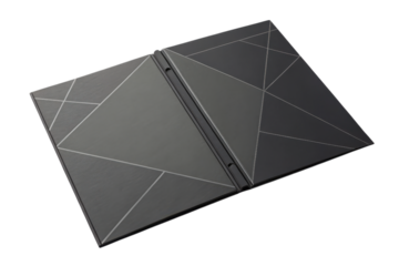 A geometric-patterned, modern, dual-panel folder with intersecting lines and a sleek, metallic finish.