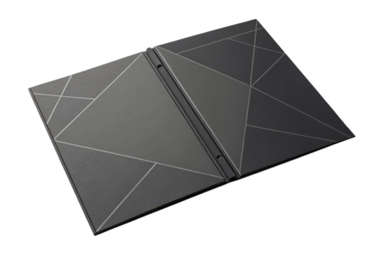 A geometric-patterned, modern, dual-panel folder with intersecting lines and a sleek, metallic finish.