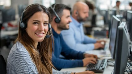 Customer service with care: A team of smiling support staff at their workstations. A clear depiction of modern professional customer service and care in action.