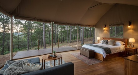 Luxurious Glamping Tent with Forest View - A spacious glamping tent boasts a king-size bed, plush seating