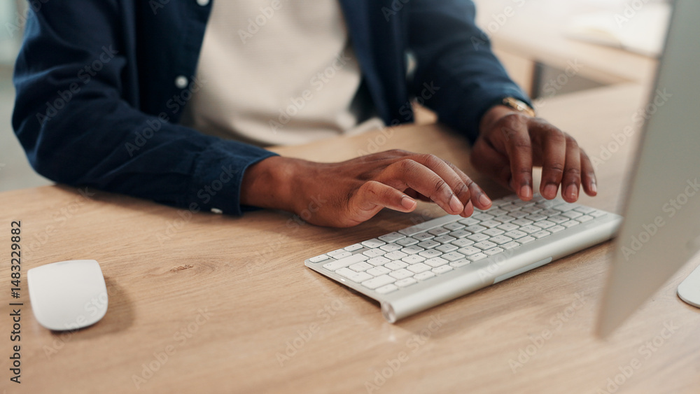 Poster graphic designer, computer or hands on keyboard in office with online review, project update or star
