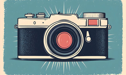 Illustrated retro camera with a lens, flash radiating outward.  Vintage aesthetic with buttons,  dial, and details