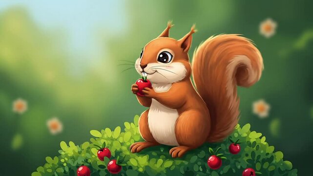 Adorable Squirrel Cartoon Eating Berry on Bush in Garden