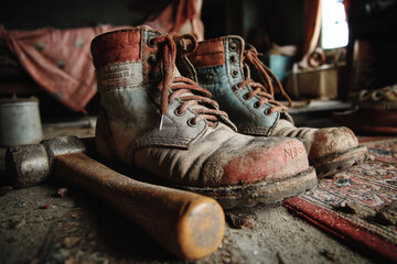 Dirty shoes resting on table, scuffed and worn, depict a sense of abandonment and exhaustion. Dusty laces dangle off the edge, hinting at neglect.