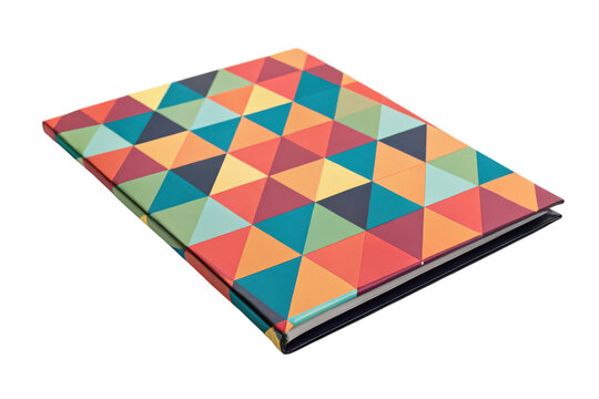 A colorful geometric-patterned notebook with a hard cover.