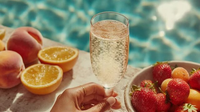 Refreshing drink beside vibrant fruits, ideal for summer relaxation by poolside