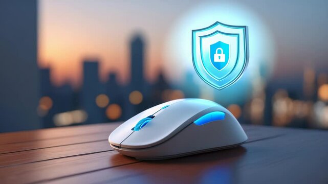 Home depicted with a shield emblem on a wireless mouse resting on a wooden surface, set against a blurred backdrop, representing the idea of residential insurance and safety.