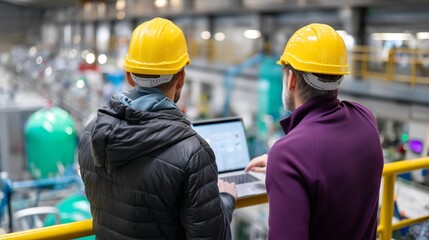 Engineers review project data while overseeing production in a manufacturing facility during the daytime