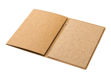 A brown paper folder is open, displaying its simple, blank pages and minimalist design.
