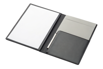 A sleek black leather portfolio holds a notepad, documents, and a pen, ideal for professional use.