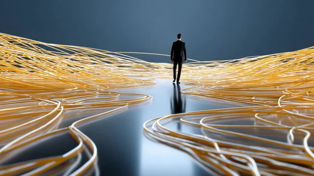 Navigating the Path: A solitary figure strides purposefully forward, traversing a sea of golden threads symbolizing the journey, decisions and complexity of life.