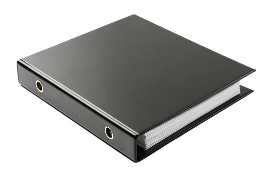 A black ring binder filled with papers.