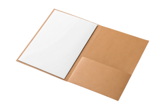 An open brown folder with an empty pocket and a single blank sheet of paper.