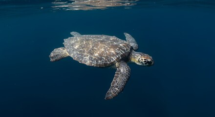 Fototapeta premium Sea Turtle Swimming in Deep Blue Ocean Water