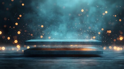 Futuristic, dark, glowing pedestal. Smoky, teal, and gold lighting