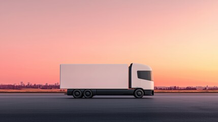 A modern white semi-truck drives on an empty highway at sunset with a city skyline in the distance.