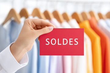 Saleswoman's hand holding card with french message text Soldes annoncing discounts and attract shoppers at the boutique