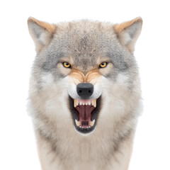 Fototapeta premium Fierce wolf with bared teeth and intense eyes, showcasing its wild nature and strength. close up captures animal fur texture and powerful expression