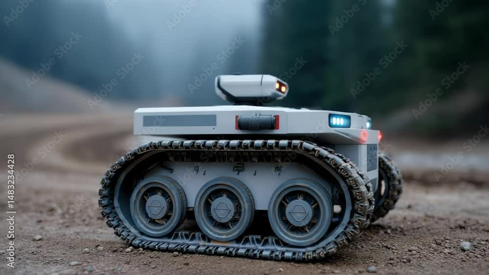 Poster compact robot exploring rugged terrain, equipped with advanced sensors and lights