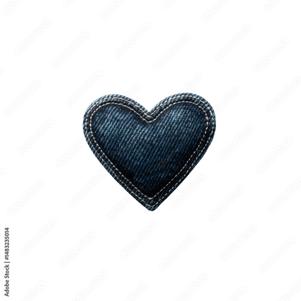 Poster denim heart patch with visible stitching on transparency background, symbolizing love and creativity