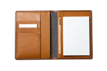 A brown leather portfolio organizer with card slots and a lined notepad.