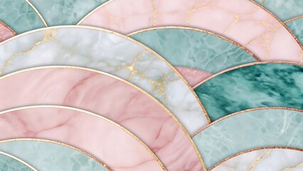 Abstract Marble Design with Gold Accents in Soft Pastels. A captivating abstract design showcasing layered, curved sections of marble in delicate pastel shades of pink, light teal, and white.