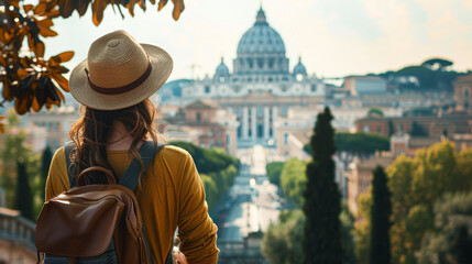 Obraz premium A traveler with a hat and backpack admires a scenic city view with a famous domed building in the distance.