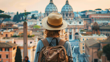 A traveler with a backpack and hat admires a historic European cityscape featuring domed architecture at sunset.