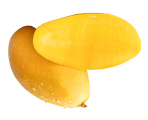 Single ripe yellow mango fruit with half and water droplets in stack isolated with clipping path in...