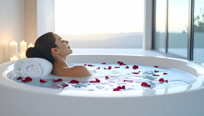 Woman Relaxing in White Bathtub with Rose Petals and Candlelight in a Bright Spacious Bathroom with a Towel Behind Her Head