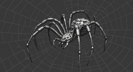 Mechanical Spider on Web - A detailed illustration of a robotic spider perched on a spiderweb, in grayscale. Its metallic body contrasts with the intricate web design