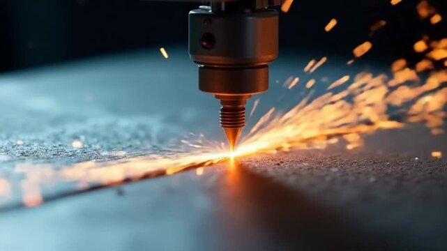 Cutting of metal. Sparks fly from laser. Clip. Laser cutting machine technology. Industrial Laser cutting processing manufacture technology of flat sheet metal steel material with sparks. Laser close