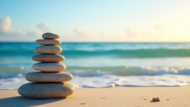 Stack of smooth stones on the beach during golden hour. Balanced zen style stones on a sandy beach, ocean waves in the background, soft sunset colors, no people or footprints.