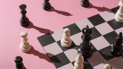 Chess pieces arranged on board create a nostalgic tabletop gaming experience in a minimalist setting